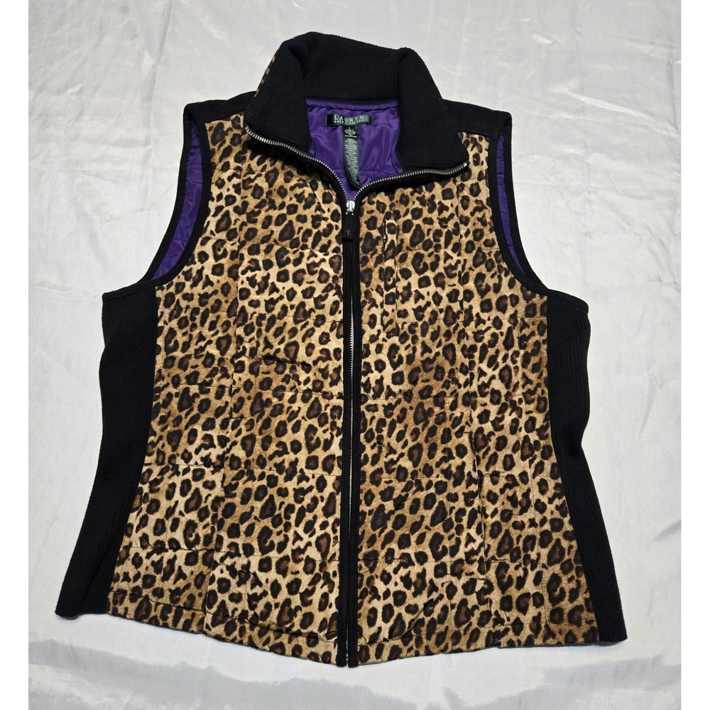 Lauren Ralph Lauren Quilted Vest Size Large Cheetah Leopard Print Purple Liner